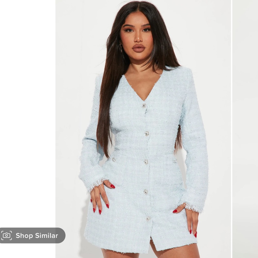 Nine To Five Tweed Mini Dress - Light Blue